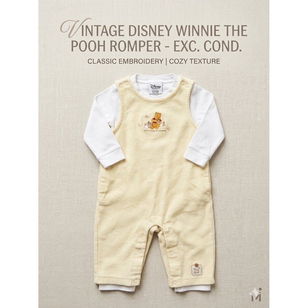 Vintage Disney Winnie the Pooh Romper - 6-9 Months - Cream/Yellow overalls